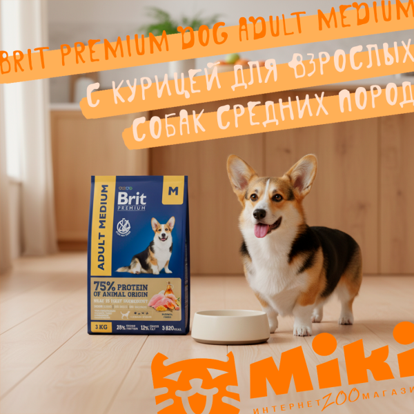 Brit Premium Dog Adult Орта әрі жас собакалар үшін күріс пенімен