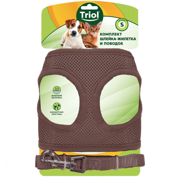 Комплект шлейка-жилетка и поводок Triol коричневый S для собак