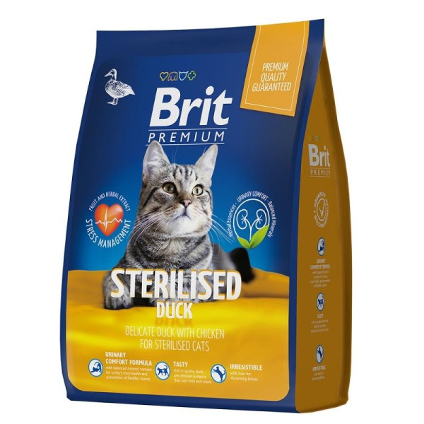 Brit Premium Sterilised Duck - полнорационный сухой корм премиум класса с уткой и курицей для взрослых стерилизованных кошек