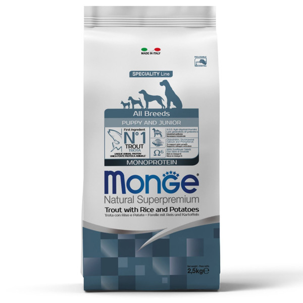Сухой корм для щенков всех пород Monge Dog Speciality Line Monoprotein форель/рис/картофель 2,5 кг