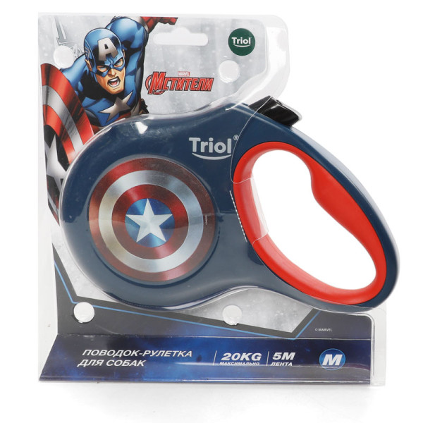Поводок-рулетка для собак Marvel Капитан Америка M, 5м до 20кг, лента, Triol-Disney: стиль и комфорт для вашего питомца