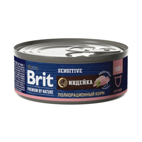 Консервы для кошек с чувствительным пищеварением Brit Premium by Nature с мясом индейки 100 г