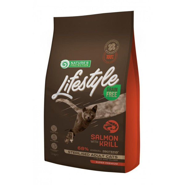 Nature‘s Protection Lifestyle Grain Free Salmon with Krill Sterilised Adult Cat - Толық рацондықсыз, стерилизацияланған адал кішкенің үшін лососьмен жасалған көмік