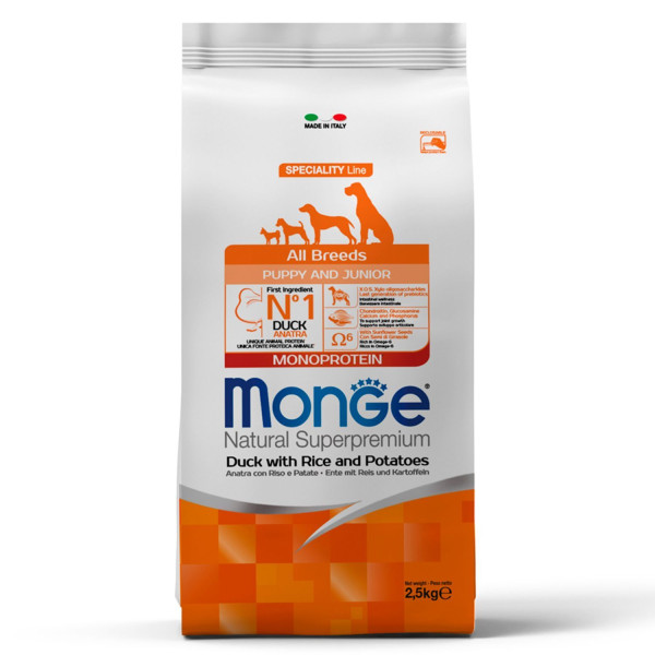 Сухой корм для щенков всех пород Monge Dog Speciality Line Monoprotein утка/рис/картофель 2,5 кг