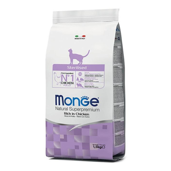 Monge superpremium cat sterilised rich in chicken - полноценный сбалансированный корм с курицей для стерилизованных кошек 