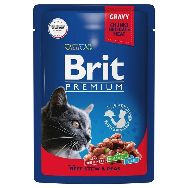 Brit premium - Полнорационный влажный корм премиум класса с говядиной и горошком в соусе для взрослых кошек