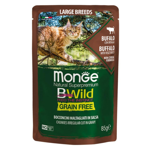 Monge BWild Cat Grain Free Pat terrine Bufalo - Полноценный сбалансированный рацион из мяса буйвола с овощами для кошек крупных пород от 2 месяцев