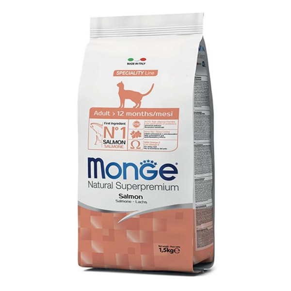 Monge superpremium adult cat salmon - полноценный сбалансированный корм с лососем для взрослых кошек