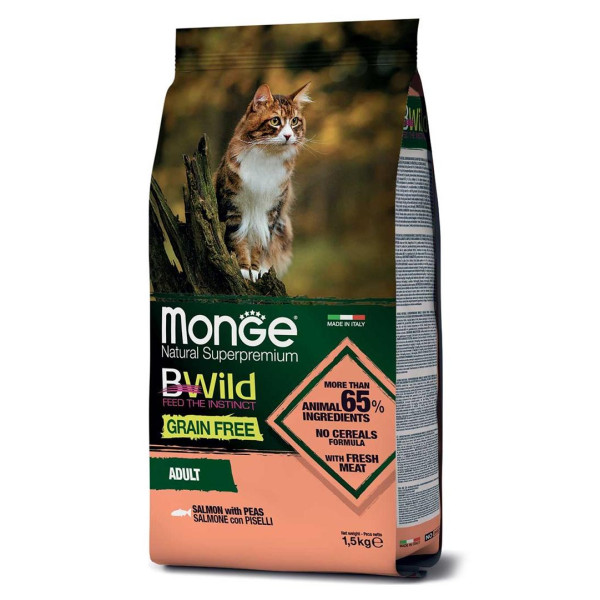 Monge bwild cat grain free salmone con piselli - полноценный сбалансированный сухой корм из лосося и гороха для кошек