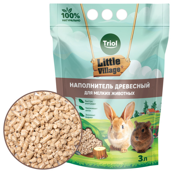 Древесный наполнитель для мелких животных 6мм, 3л, серия LITTLE VILLAGE, Triol