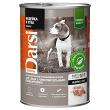 Консервированный полнорационный корм darsi с индейкой и уткой. Паштет для собак с чувствительным пищеварением, 850 г