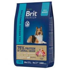 Барлық қабырғалардың аурулы жемісі бар Brit Premium Dog Sensitive Көктем/құмыр 8 кг