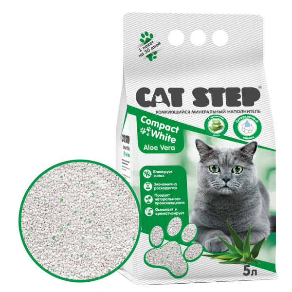 Наполнитель комкующийся минеральный CAT STEP Compact White Aloe Vera, 5 л