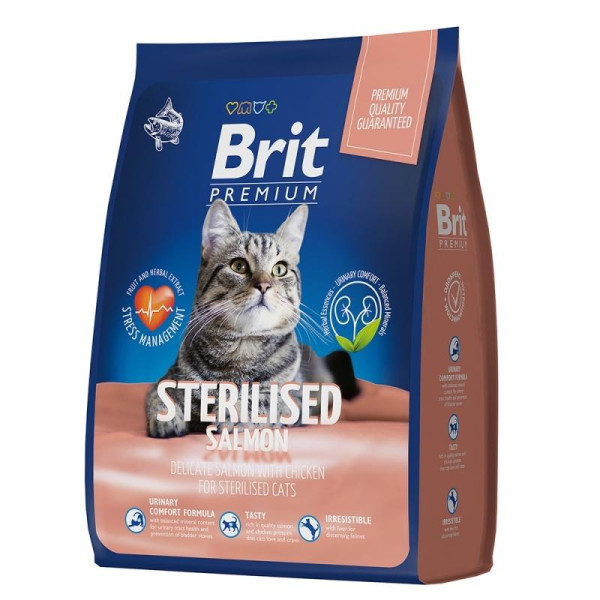 Brit Premium Sterilised Salmon& Chicken - полнорационный сухой корм премиум класса с лососем и курицей для взрослых стерилизованных кошек