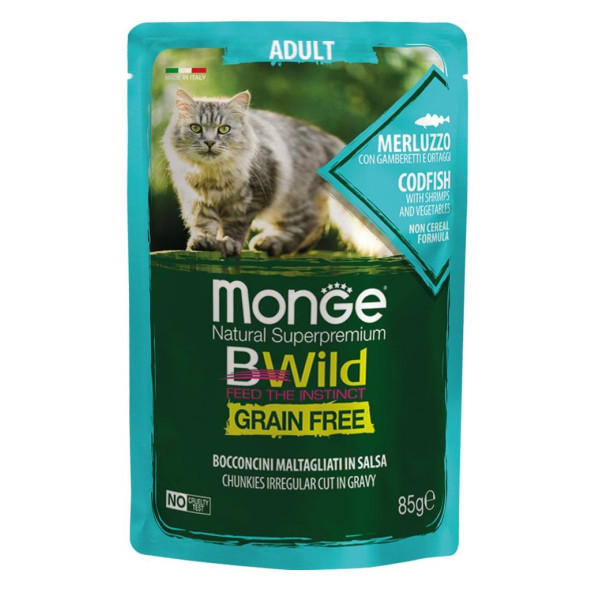 Monge BWild Cat Grain Free Pat terrine Merluzzo - полноценный сбалансированный рацион из трески с овощами для взрослых кошек