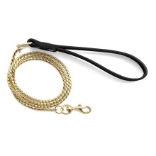Поводок-цепь с кожаной ручкой Змейка, золото, 4*1100мм