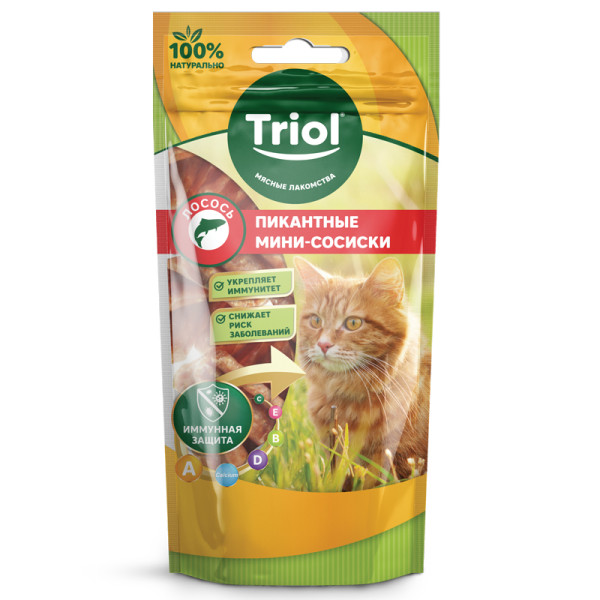 Новинка: Лакомство для кошек Triol - Пикантные мини-сосиски из лосося, 50г