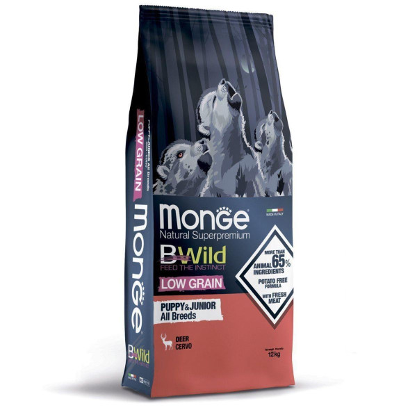 Сухой корм для щенков низкозерновой Monge Dog BWild LOW GRAIN из мяса оленя 12 кг