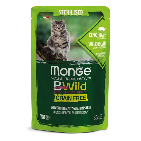 Monge BWild Cat Grain Free Pat terrine Cinghiale - стерилизованным құйыштарға арналған кабан мен ортақтықтардың қоспаларымен толық тасқаулы рацион.