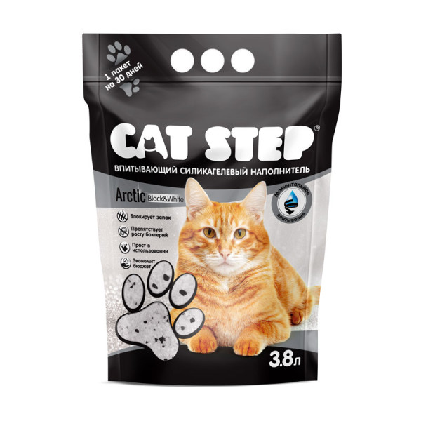 Наполнитель впитывающий силикагелевый CAT STEP Arctic Black&White, 3,8 л