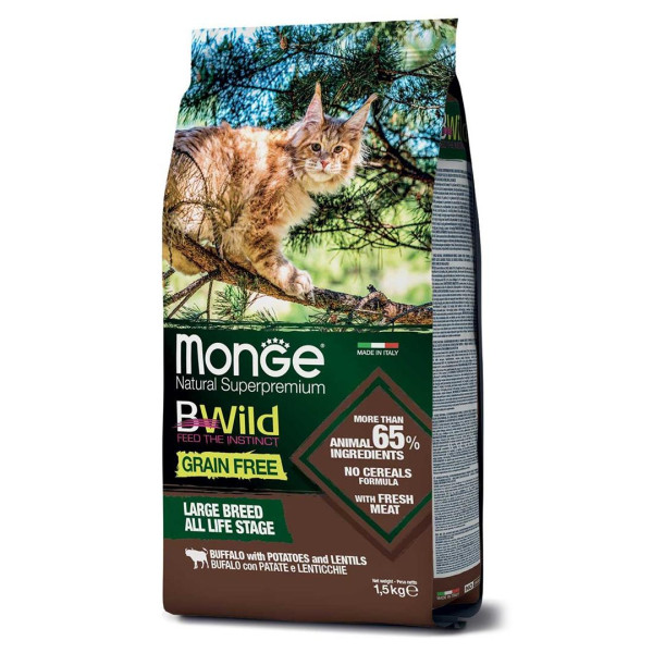 Monge bwild cat grain free buffalo - без зерновой полноценный сбалансированный корм из мяса буйвола для крупных кошек всех возрастов