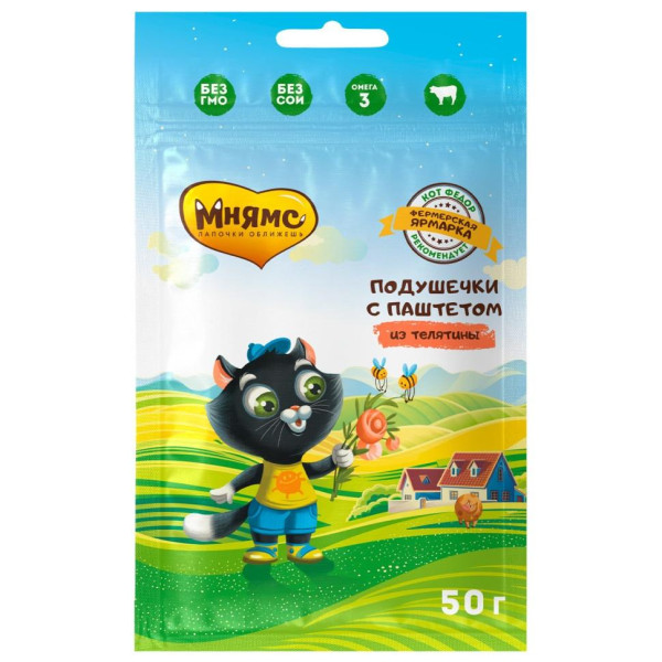 Мямс кот Федор "Фермерская ярмарка" хрустаған подушечкілері бар тұқымды түйүк паштетпен - 50 г, 25 шт