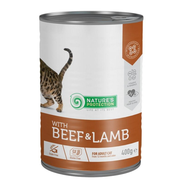 Nature's Protection Adult Beef & Lamb - адамдар үшін говядина мен ауырлықтармен толық тамақтық көрме, қойылдырылған аңғалар үшін.