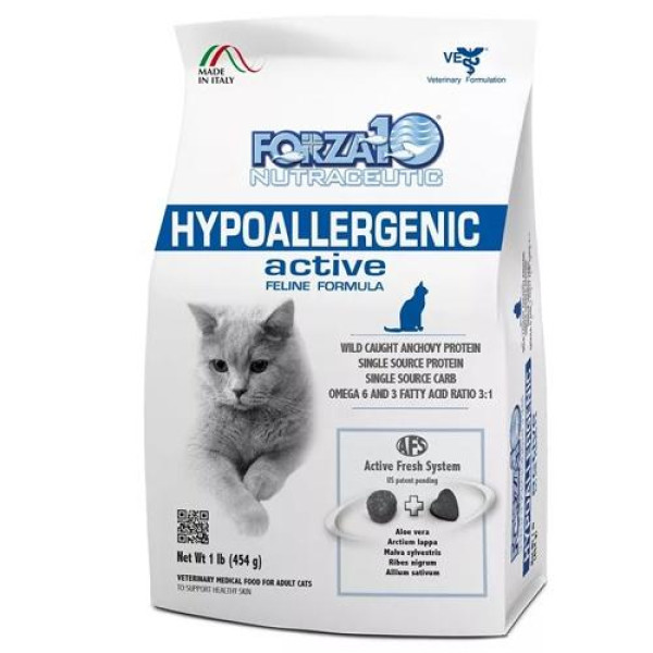 Forza10 Hypoallergenic Active - Корм для кошек с проблемами пищевой непереносимости и аллергии на животный белок, дерматиты, зуд, перхоть, себореи, пиодермит