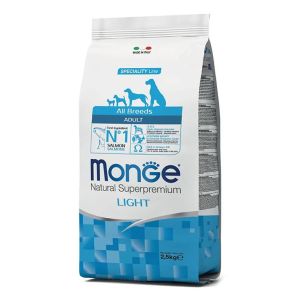 Monge speciality line all breeds adult light salmone and rice - Низкокалорийный рацион с лососем и рисом для взрослых собак всех пород склонных к набору избыточного веса