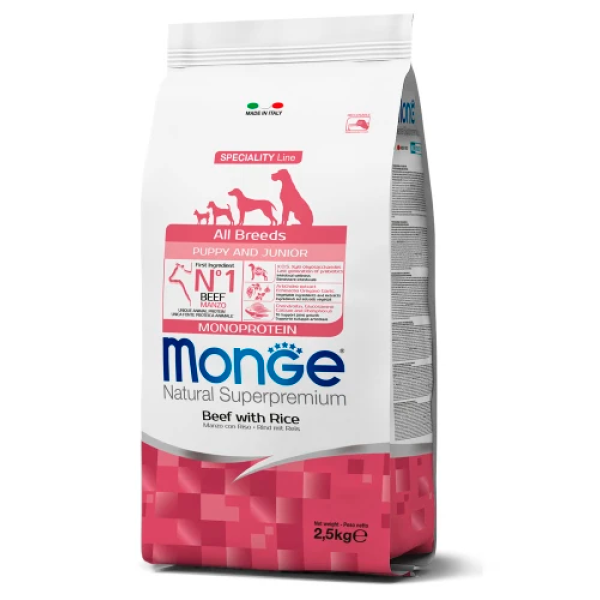Сухой корм Monge Dog All breeds Puppy&Junior для щенков всех пород, говядина с рисом, 2.5 кг