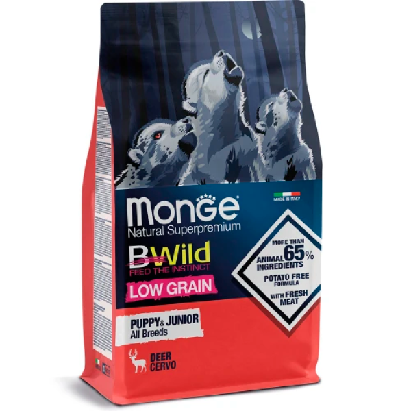 Сухой низкозерновой корм Monge Dog Be Wild Low Grain для щенков, с олениной, 2.5 кг